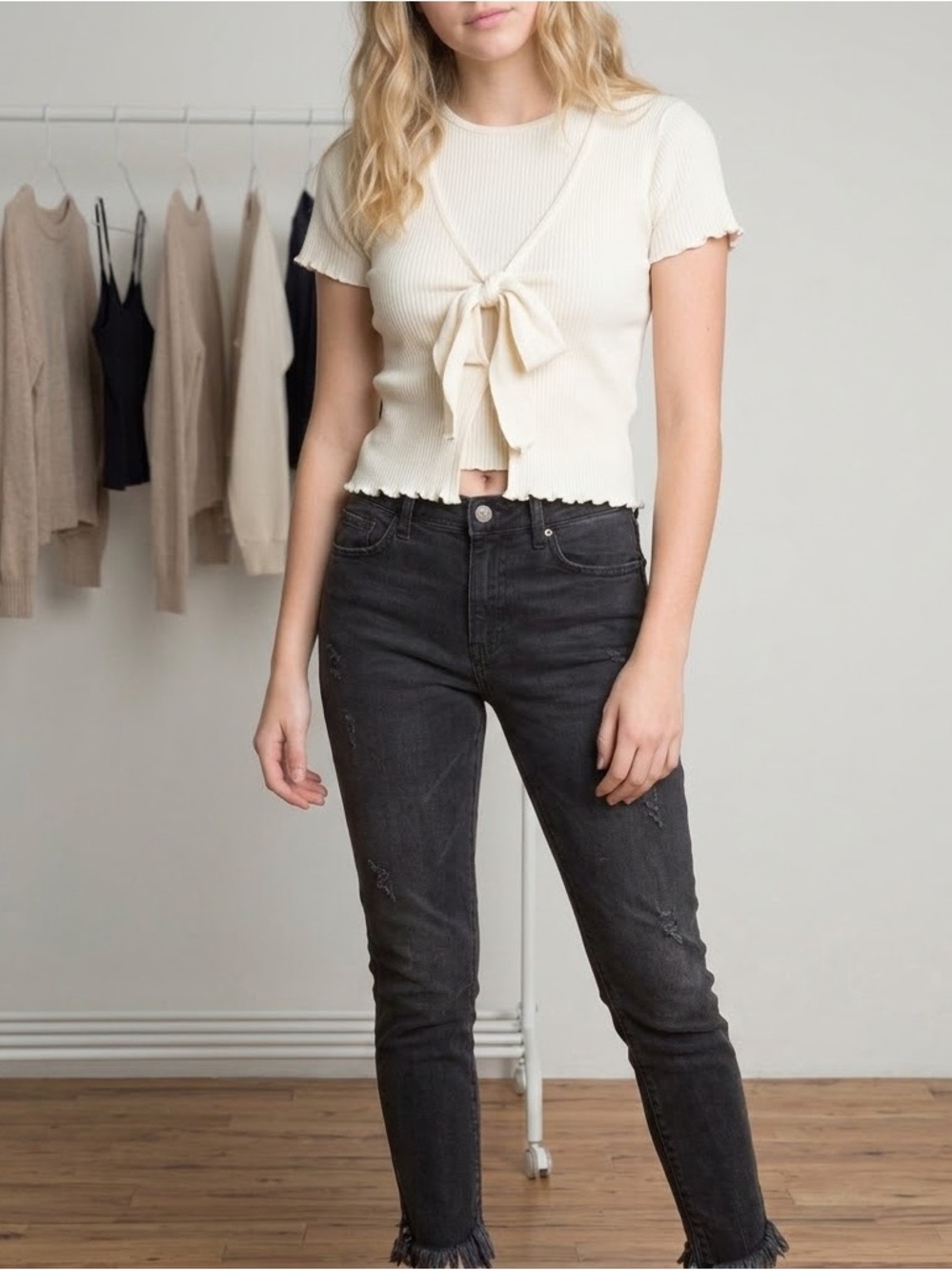 John Galt Brandy Melville Distressed Raw Hem Black Jeans